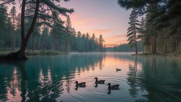 Ducks Swim in Calm Lake Surrounded by Forest at Sunrise photo
