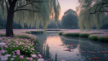 Koi Fish Swimming in Pond Surrounded by Flowers and Willow Trees photo