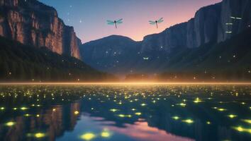 Fireflies Glow Above Mountain Lake with Reflections at Twilight photo