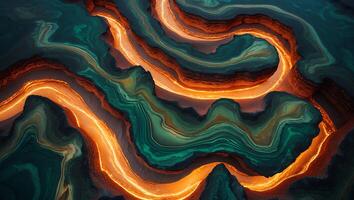 Abstract Topographic Landscape with Glowing Orange Ridges and Green Depths photo