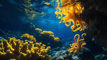 Underwater Coral Reef with Sun Rays and Yellow Marine Life Scene photo