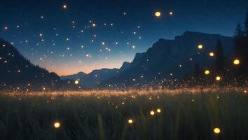 Glowing Fireflies Over Field at Dusk with Mountain Silhouette Landscape photo