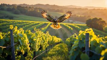 Hawk Flying Above Vineyard Rows During Golden Hour with Backlit Wings photo