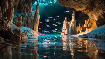 Fish Jumping in Cave Water with Reflected Ripples and Rock Formations photo