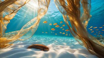 Underwater Scene with Fish Swimming Amidst Fabric and Sandy Seabed photo