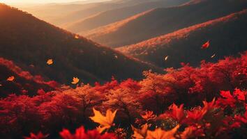 Autumn Leaves Falling Through a Warm Mountain Landscape at Sunset photo