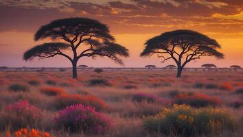 Trees Silhouetted Against Vibrant Sunset Sky Over African Savannah photo