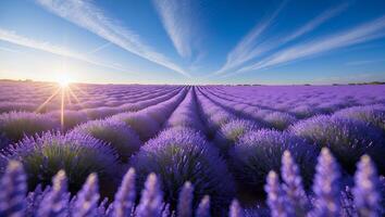 Lavender Field Blooming at Sunset with Sunlight and Striking Cloudscape photo