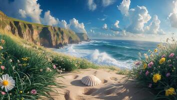 Seashell on Sandy Beach with Cliffs Flowers and Ocean Scenery photo