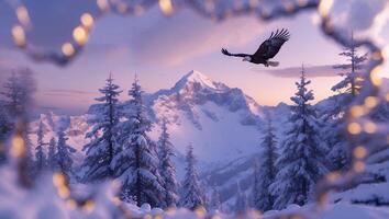 Eagle Flying Over Snowy Mountain Forest During Twilight Scenery photo