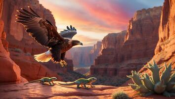 Eagle Flying Above Desert Landscape with Lizards at Sunset Time photo