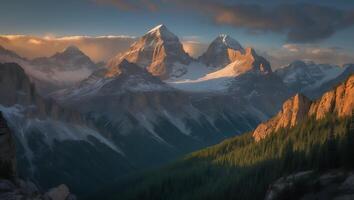 Snowy Mountain Peaks Bathed in Golden Light Over Lush Green Valley photo