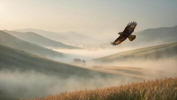 Hawk Flying Over Foggy Landscape at Sunrise with Rolling Hills photo