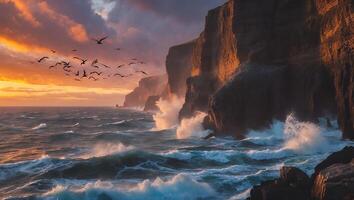 Ocean Waves Crashing on Cliffs at Sunset with Birds Flying photo