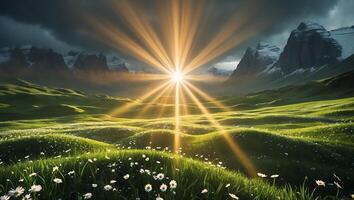 Sunburst Over Mountain Valley with Green Grass and Wildflowers photo