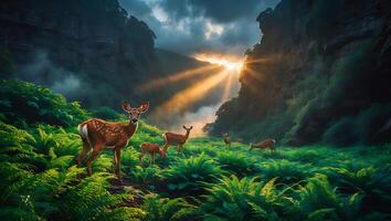 Deer Grazing in Lush Forest at Dawn with Light Rays photo