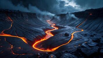 River of Fire Flowing Through Rocky Landscape Under Stormy Sky photo