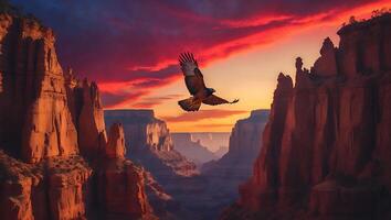 Eagle Flying Over Canyon with Dramatic Sky During Golden Sunset photo
