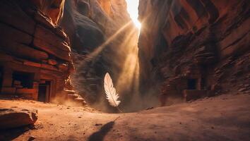 Floating Feather in Canyon with Sunlight Streams Through Natural Desert Scene photo