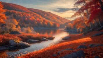 Scenic Autumn River Valley Landscape with Colorful Trees and Reflections photo