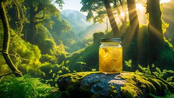 Lemon Infusion Jar in Forest with Sunlight Streaming Through Trees photo