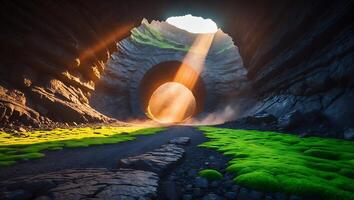Exploring the Mysterious Cave with Bright Light and Green Moss Trail photo