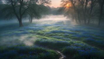 Fog Rolling Through Field of Blue Flowers at Sunrise photo