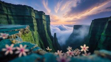 Exploring Canyon View with Flowers and Clouds at Beautiful Sunset photo