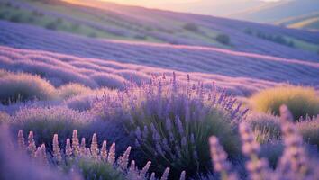 Lavender Field at Sunset Blooming with Purple Flowers on Rolling Hills photo