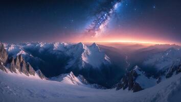 Snowy Mountain Range Under a Vibrant Milky Way with Soft Light photo