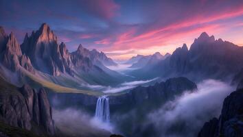 Waterfall Flows Through Mountain Valley at Dusk with Cloud Inversion photo