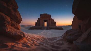 Ancient Temple in Desert Landscape at Twilight with Cobweb Decoration photo