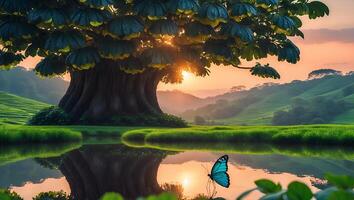 Reflecting Lake with Lush Tree and Blue Butterfly at Sunset photo