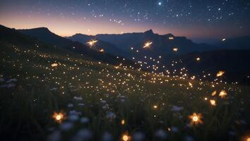 Firefly Meadow at Night with Starry Sky and Mountain Backdrop photo