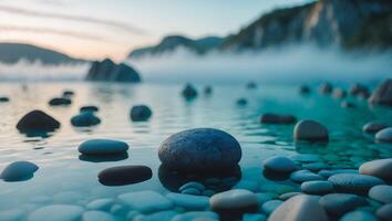 Pebble Beach Serenity Gentle Waves Lapping on Shoreline with Mountain Backdrop photo