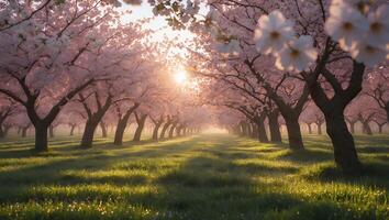 Blooming Cherry Tree Orchard at Sunrise with Grassy Field photo