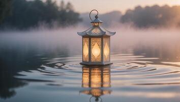 Lantern Floating on Calm Lake Water with Misty Background Scenery photo