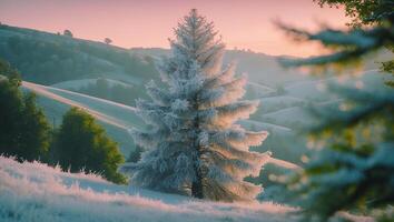 Snowy Tree Stands on Rolling Hills at Sunrise Landscape photo