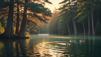Ducks Swimming on Lake at Sunrise Surrounded by Forest Trees photo
