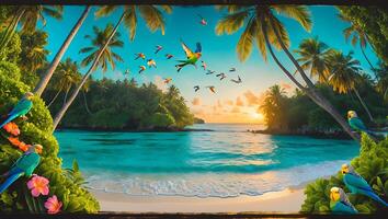 Parrots Flying Over Tropical Beach with Palms and Sunset photo