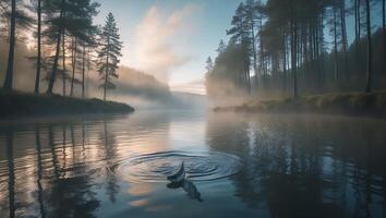 Fish Jumping Out of Water in Forest Lake with Foggy Sunrise photo
