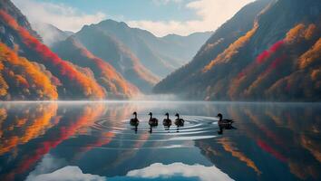 Ducks Swimming on Lake Reflecting Autumn Mountains and Sky photo
