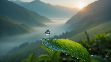 Water Drop Falling From Green Leaf with Mountain Background Scenery photo