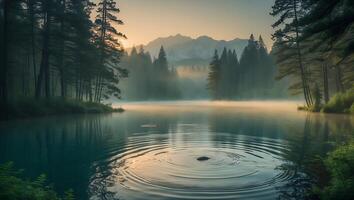 Calm Lake Ripples Reflecting Forest and Mountain Scenery at Dawn photo