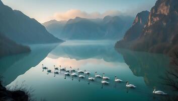 Swans Swimming on Misty Lake Surrounded by Mountains in Morning Light photo