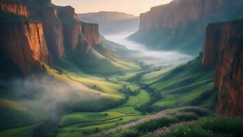 Scenic Valley with Rolling Green Hills and Morning Mist Landscape photo
