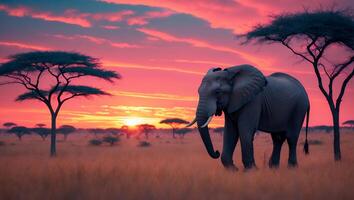 Elephant Walking in African Savannah at Sunset with Vibrant Sky photo