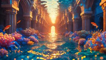 Underwater Ruins with Corals and Tropical Fish Reflecting Sunlight photo