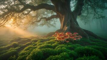 Enchanting Woodland Scene with Mushrooms, Moss, and Misty Sunlight photo