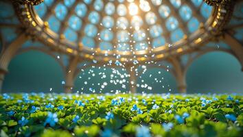 Blue Flowers Blooming Under Ornate Gazebo with Sparkling Light photo
